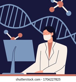 Woman in white coat looking at computer screen. Scientist typing. Scientist in laboratory coat conducting experiments in laboratory. Female researcher in chemical lab. Flat vector illustration