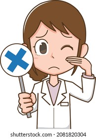 A woman in a white coat that looks disappointing with a cross mark
