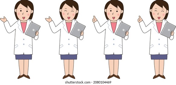 A woman in a white coat who explains while holding a tablet, 4 patterns