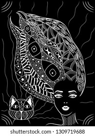 Woman white contour with wavy hair decorated zentangle patterns and with stylized cat, isolated vector on the black background