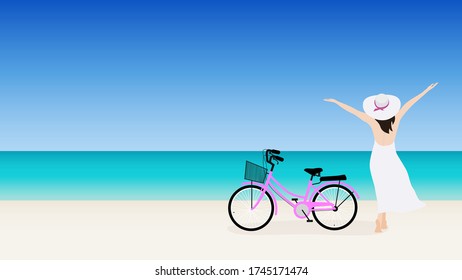 Woman in white dress and hat happily standing on beach with pink bicycles, Summer concept illustration vector.