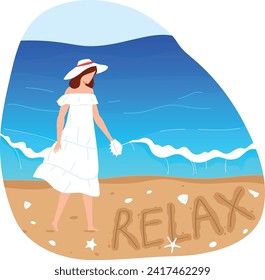 Frau in weißem Kleid und Hut, die am Strand spazieren gehen, sich im Sand entspannen, ruhiger Meereshintergrund. Die Ruhe am Meer, die Sommerwanderung, das Thema Ruhe, Vektorgrafik.