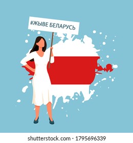  Woman in white dress holding billboard, placard, flag of Belarus in splash. Text translation Long Live Belarus. Activist, support, symbol peaceful protest. Revolution concept