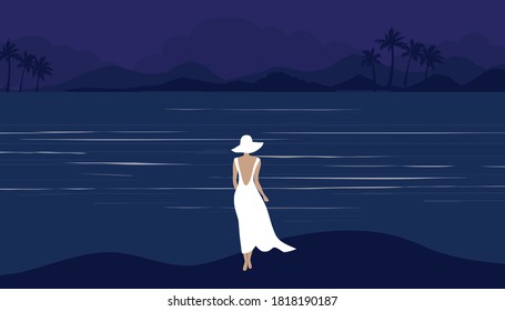 Woman in white dress looking at the night sea vector illustration. Loneliness, sadness and depression concept