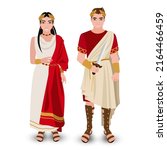 A woman in a white dress in the Roman imperial style and a man in a red tunic with a golden toga and a dagger in his hand. Stylized historical costumes. Fashion vector illustration.
