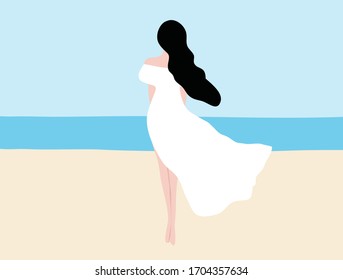 Mujer vestida de blanco parada sola en la ilustración del vector de la playa