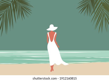 Woman in white dress walking on the beach summer background vector illustration. Summer holidays concept