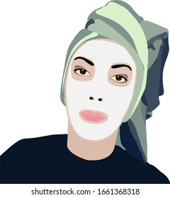 Woman with white face mask and hair  turban  vector illustration