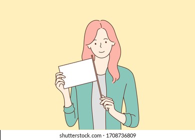 Woman with white flag template, advertising concept. Young smiling business woman girl holding white flag template and looking straight at camera. Business advertising illustration in cartoon style.