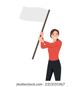 Mujer con plantilla de bandera blanca, concepto publicitario. Joven mujer de negocios sonriente sosteniendo una plantilla de bandera blanca y mirando directamente a la cámara. Ilustración vectorial plana aislada en fondo blanco