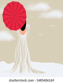 A woman in a white gown holds a red parasol while standing in the snow in a minimalist fashion and beauty illustration.
