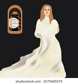 A woman in a white gown poses before an arched window through which the moon is visible.