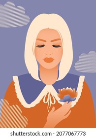 A woman with white hair holds a lotus flower in her hand. There are pure thoughts in her head. Psychological health and mental balance. Feels lightness and peace of mind in the clouds. Vector.