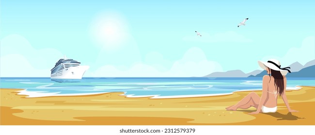 Frauen mit weißem Hut und Bikini entspannen sich am Strand auf der Insel. Sommerlicher Meerblick am Meer. Grosses Kreuzfahrtschiff auf Hintergrund. Urlaub auf dem Meer Reise Freizeitreise. Vektorgrafik