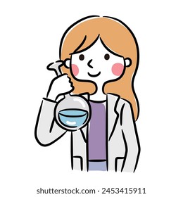 A woman in a white lab coat, holding a glass beaker filled with a clear liquid. Japanese-style illustration.