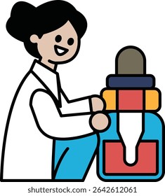 A woman in a white lab coat is holding a bottle of medicine. She is smiling and she is happy
