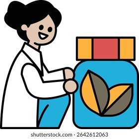 A woman in a white lab coat is holding a jar of medicine. She is smiling and she is happy
