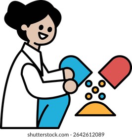A woman in a white lab coat is holding a pill bottle and a pill. She is smiling and she is happy