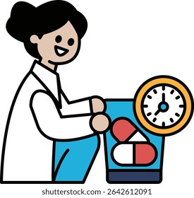 A woman in a white lab coat is holding a scale with a clock on it. She is smiling and she is happy