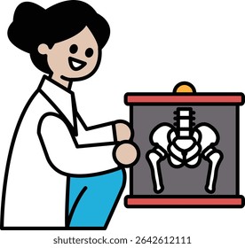 A woman in a white lab coat is holding a skeleton. The skeleton is in a display case