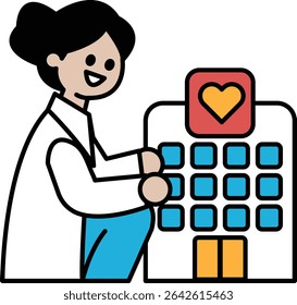 A woman in a white lab coat is holding a heart in front of a building. The building is a hospital