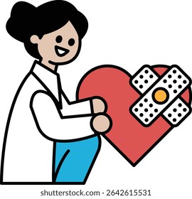 A woman in a white lab coat is holding a heart with bandages on it. Concept of care and concern for someone's well-being