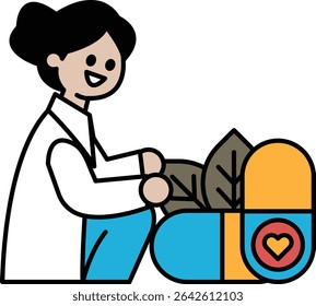 A woman in a white lab coat is sitting on the floor next to a plant. She is smiling and she is happy