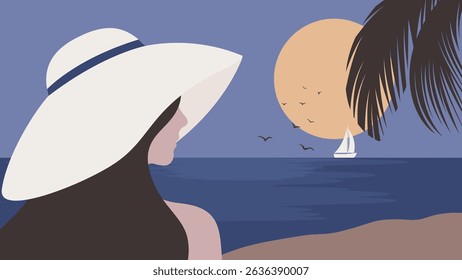 woman in white large hat is staring at flowing yacht in ocean waves
