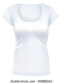 Woman white long-cut, form-fitting, wide scoop-neck t-shirts, design template.