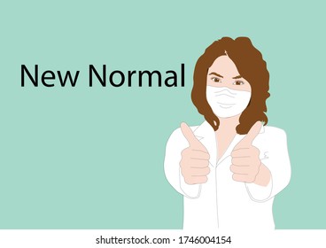 A woman with  white mask action two thumbnails over words New normal, symbol creative concept of the new normal life style after the outbreak of the corona virus.