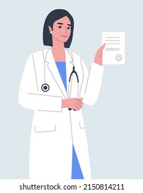 Una mujer con un abrigo médico blanco. Doctor con uniforme. Ilustración vectorial plana. Eps10