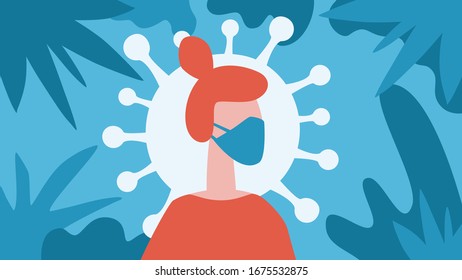 Woman in white medical face mask protecting herselve from the virus. Novel coronavirus (2019-nCoV).  Flat, modern vector illustration.