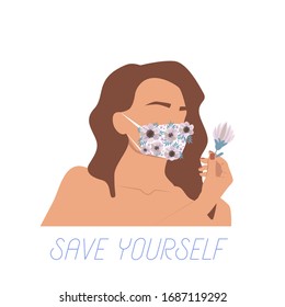 Woman in white medical face mask with flowers. Novel coronavirus (2019-nCoV), Concept of coronavirus quarantine. Editabe Vector illustration. 