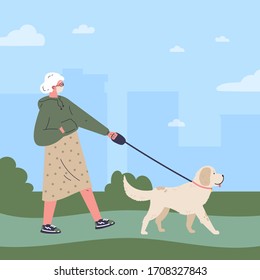  Old Woman In White Medical Mask Walking A Dog In The Park.Quarantine Walk.Healthy Active Lifestyle.Flat Cartoon Character.Colorful Vector Illustration.