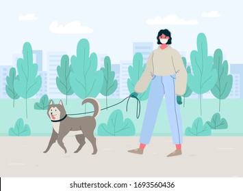 Woman in white medical protective face mask and gloves, walking with their dog in the park. Coronavirus quarantine. Protect from novel coronavirus COVID-19 virus Cartoon flat vector illustration.