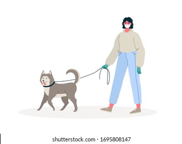 Woman in white medical protective face mask and medical gloves, walking with their dog . Coronavirus quarantine. Protect from novel coronavirus COVID-19 virus Cartoon flat vector illustration.