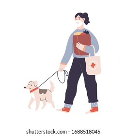 Woman in white medical protective mask and medical gloves, shopping in supermarket and pharmacy, walking with their dog. Coronavirus quarantine vector illustration. Protect from COVID-19 virus