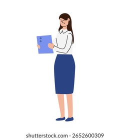 Woman in white office blouse and dark skirt holding a tablet. Professional female character standing with digital device, representing business, technology, and communication. Flat vector illustration