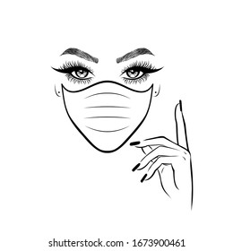 Woman in white protect medical face mask. Novel Coronavirus (2019-nCoV). Concept of coronavirus quarantine. Vector illustration. 