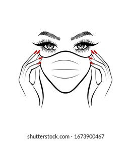 Woman in white protect medical face mask. Novel Coronavirus (2019-nCoV). Concept of coronavirus quarantine. Vector illustration. 