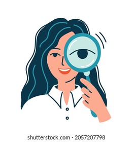 Woman in white shirt is looking through a magnifying glass. Head hunter searching candidate for vacancy, hiring employees. Job search, information, research across loupe. Isolated vector illustration