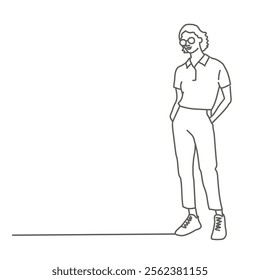 Woman in a white shirt stands in front of a white background. She is wearing glasses and has her hands in her pockets. Hand drawn vector illustration. Black and white.