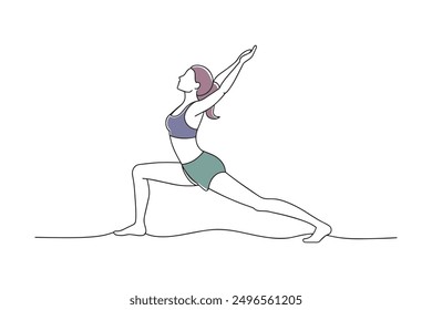 A woman in white shorts and a sports bra performing a yoga pose Hand drawn offset fill with doodle illustration