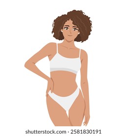 Woman in a white sports bra and underwear, embracing natural beauty, confidence, and self care. Flat vector Character Illustration