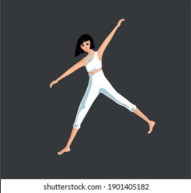Woman in white sportwear doing exercise. Healthy lifestyle, yoga, dancing. Vector isolated on black