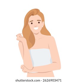 Woman in a white strapless top smiles brightly with one arm bent upward, exuding confidence. Flat vector illustration isolated on white background