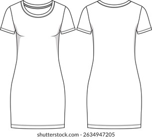 Woman white stretch cotton jersey short mini dress, open round neckline, short sleeves, straight hem, basics, front and back sketch, vectors