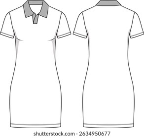 Woman white stretch cotton jersey short mini dress, polo v-neck collar, short sleeves, straight hem, basics, front and back sketch, vectors, relaxed look