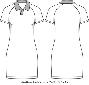 Woman white stretch cotton jersey short mini dress, polo v-neck collar, raglan short sleeves, straight hem, basics, front and back sketch, vectors, relaxed look