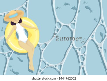 Woman in white swimming suit and hat sit on swimming ring float in water background vector for decoration on summer vacation event.
